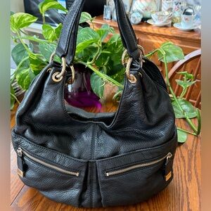 Michael Kors Black Leather Hobo Bag Purse With Gold Hardware